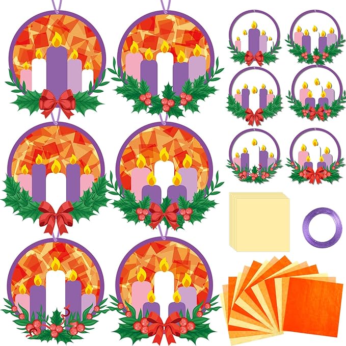 Qyeahkj 36 Set Christmas Advent Wreath Suncatchers Crafts for DIY Advent Candle Tissue Paper Craft Kit Hanging Decor for Xmas Holiday Home Activity Art Project Birthday Party Favor Gift