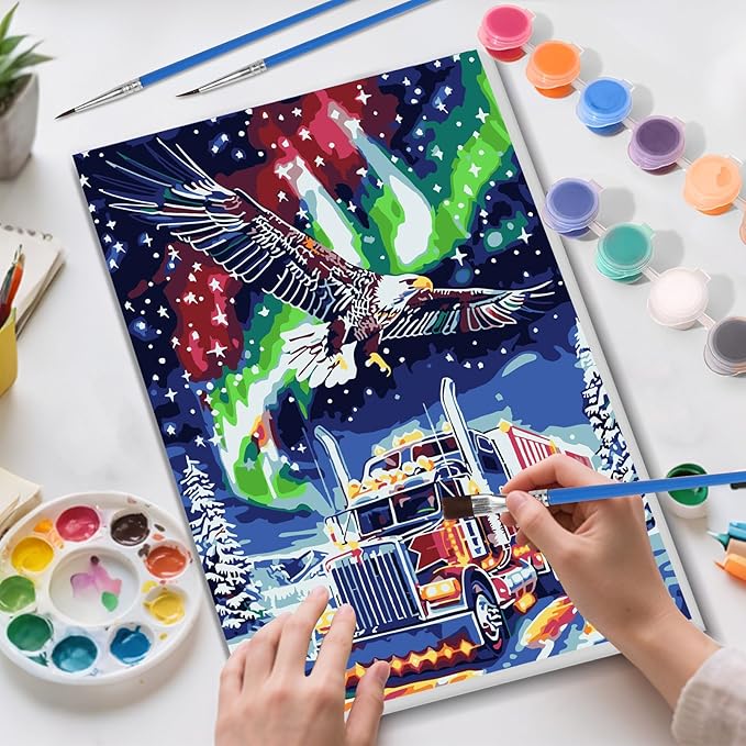 Skyboda Eagle Paint by Numbers Kit for Adults Beginners with Frame, Christmas Truck Adult Paint by Number Kits on Canvas, Easy DIY Oil Painting Kits for Home Decor, 8x12in