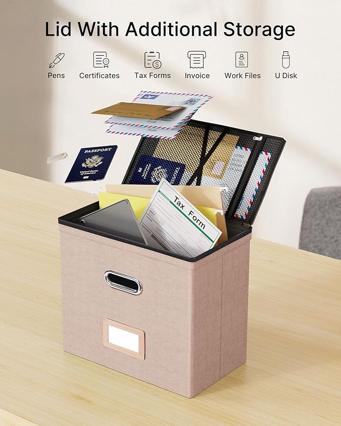 Oterri File Organizer Boxes with Lids, File Box with Mesh Pockets, Document Organizer Box for Letter Size Folders, Zippers Important Document Organizer (Coral, Small-1 Pack Without Folders)