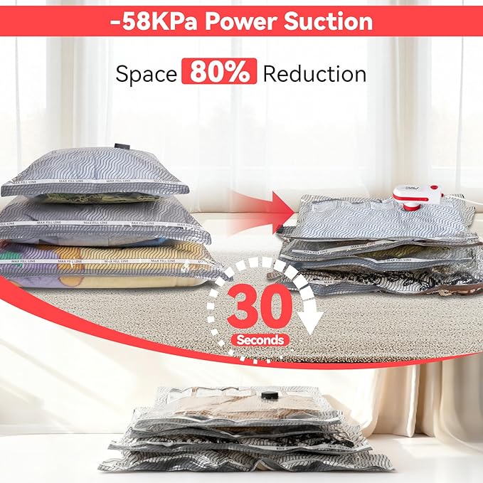 Vacuum Bags for Travel with USB & TYPE C Pump,Vacuum Seal Travel Bags,15 Pack Carry-on Size Vacuum Storage Bags for Luggage and Suitcase,Space Saver for Clothes and Travel(Red)