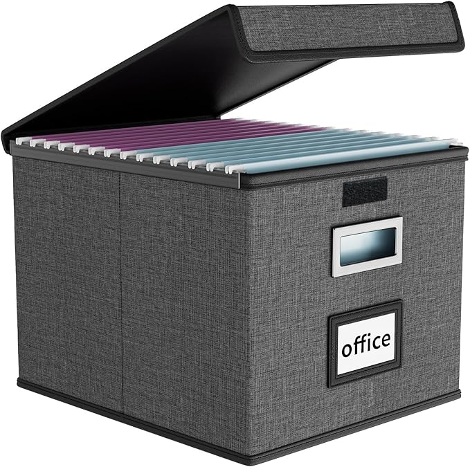 Huolewa File Organizer Box with Lid, Collapsible File Folder Organizer for Office Document Storage, Filing Box with Plastic Slide for Letter Size Hanging File Folders(1 Pack, Dark Grey)