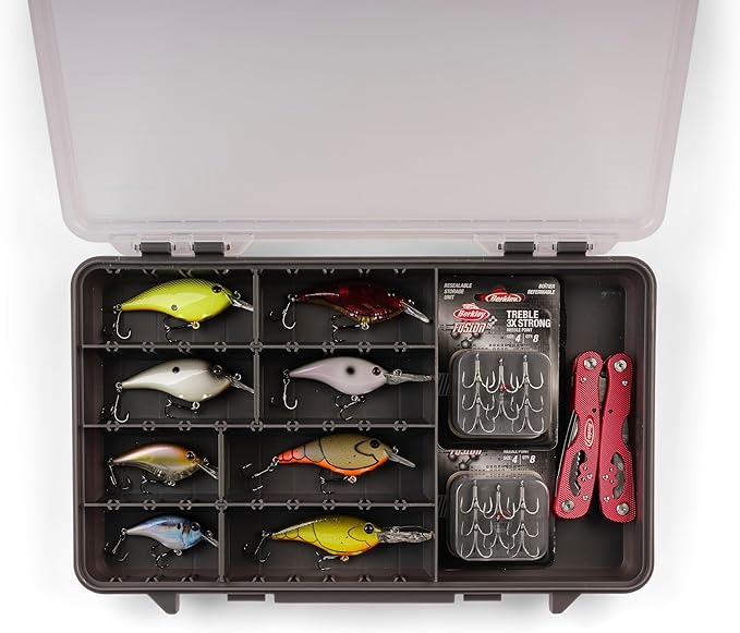 Plano StowAway 3700 50/50 Split Stow Tackle Box, 4-Pack, Corrosion-Preventive Rustricor, Single Latch Design, Transparent DuraView Lid, Stackable Storage for Fishing Bait, Lures and Gear