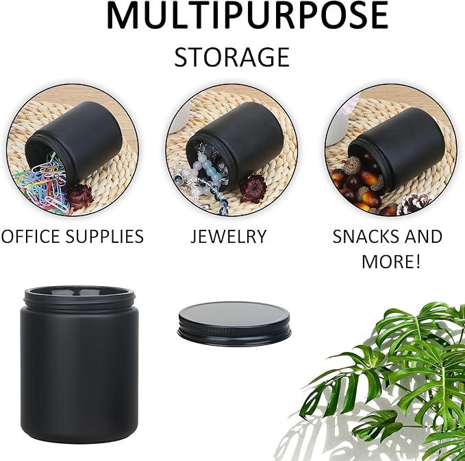 MILIVIXAY 12 Pack 8 OZ Thick Glass Matte Black Candle Jars with All Black Metal Lids-Bulk Empty Candle Jars for Making Candles-Canning Jar for Spice, Liquid, Sample- Dishwasher Safe.