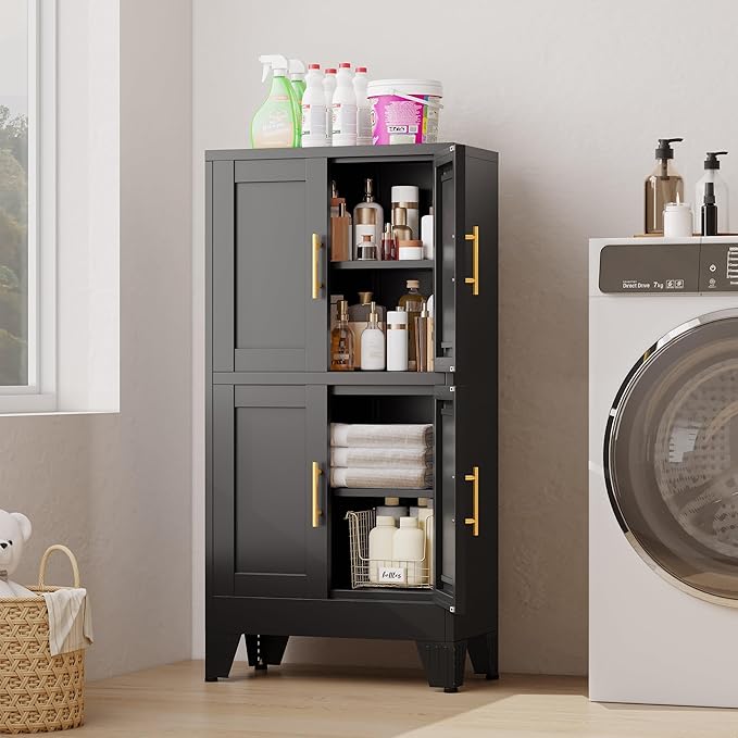 47“H Black Metal Bathroom Storage Cabinet, Kitchen Pantry Cabinet with Doors and 3 Adjustable Shelves, Bathroom cabinets Organizer, for Home Office, Bedroom