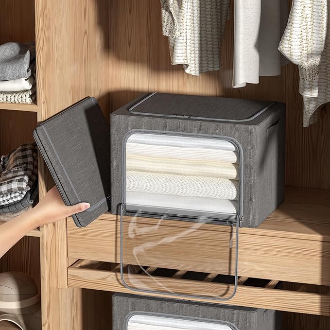 CYhom 4 Pack Clothes Storage Bins with Metal Frame - Linen Fabric Foldable Stackable Container Organizer Set with Clear Window & Carry Handles & Zippers (Dark Gray, 23.6"x16.5"x15.7")