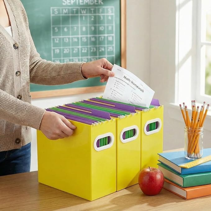 Hanging File Organizer Box, 3 Pack Yellow Cardboard File Folder Holder for Letter Size, Portable Desk Document Storage with Handles, for Office,Home,School