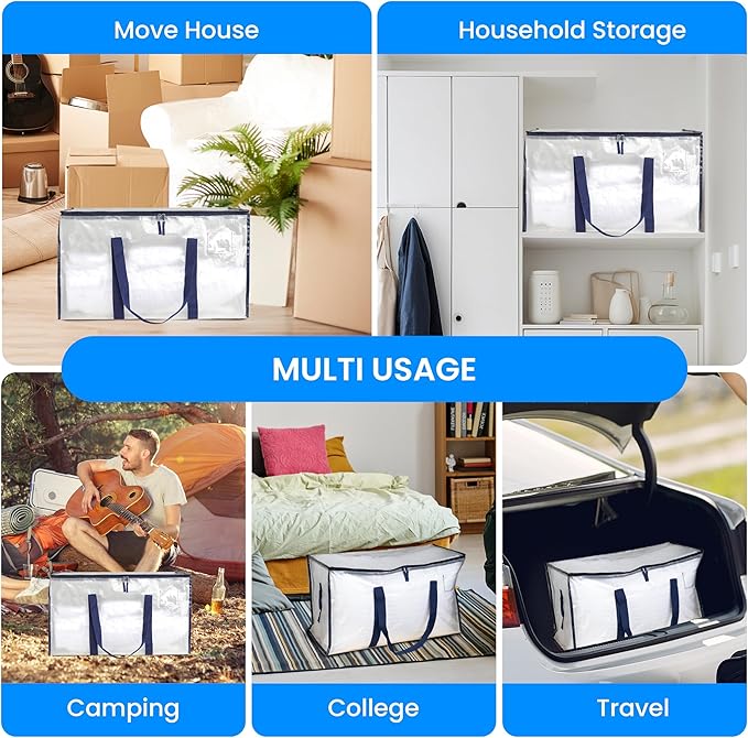 Simple Deluxe 12 Pack Extra Large Moving Bags with Lids, Reinforced Handles and Zippers, Heavy Duty Storage Tote for Moving Travel Camping Space Saving, White