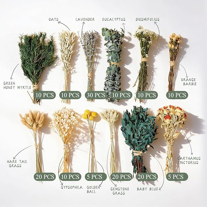 12 Kinds of Handmade Dried Flowers, Natural Pampas Grass, Eucalyptus, Rabbit Tail Grass, Lavender, Romantic Wedding Decoration, Home Decoration（Green Series）