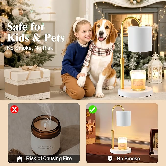 Dreamholder Electric Candle Warmer Lamp with Timer & Dimmer, Adjustable Height Wax Melt Warmer for Jar Candles, Wood Base Candle Melter, Floral Home Decor Gifts for Women, Mom, White Gold