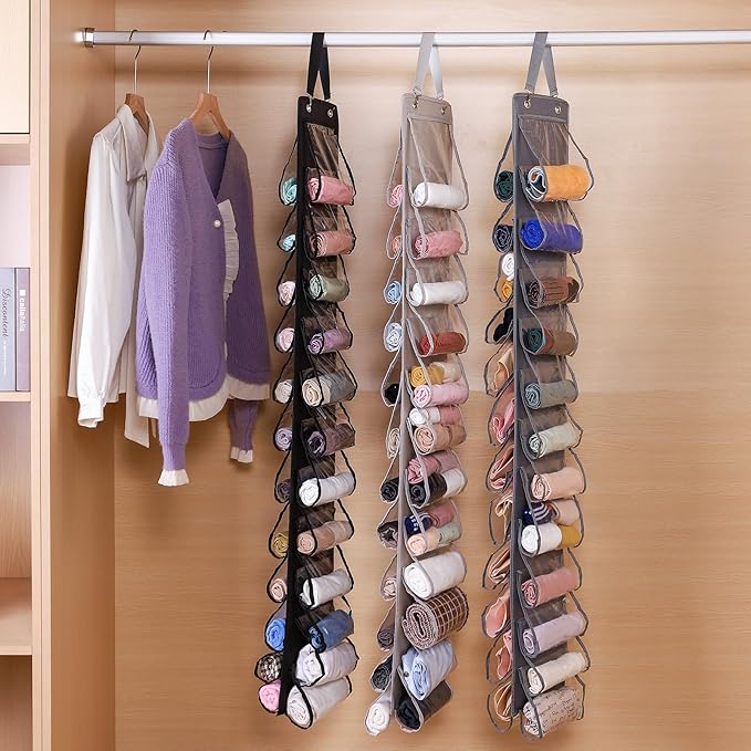 Legging Organizer for Closet Hanging 20 Pockets, Clear Hanging Legging Organizer Closet, Oxford Cloth Legging Storage for Wardrobe Behind Door (2Pack*Gray)