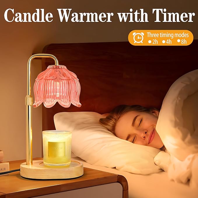 Candle Warmer Lamp with Timer Dimmer, Adjustable Height Candle Wax Warmer, Christmas Birthday Gift for Mom Women, House Warming Gifts for New Home Bedroom Decor, (Lotus Flower-Amber)