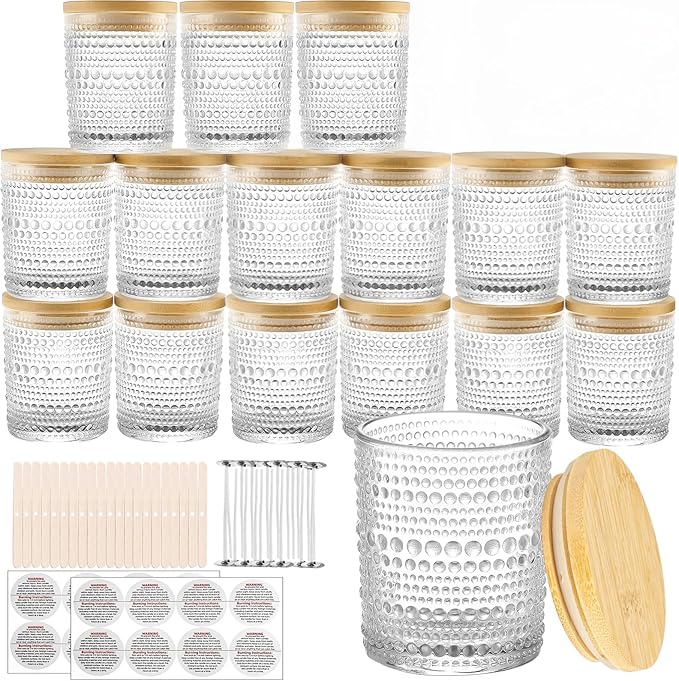 CONNOO 16 Pack 7 OZ Thick Pearl Glass Candle Jars for Making Candles with Airtight Bamboo Lids, Wicks & Stickers, for DIY Candle Making, Bulk Orders, Gifts & Home Décor, Clear