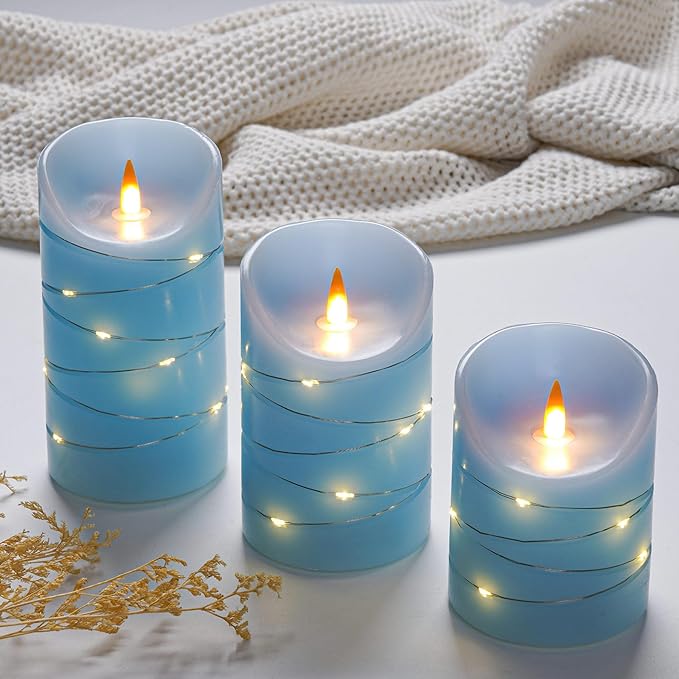 HaitanghuaRechargeable flickering candle, with string lights, remote control, 2/4/6/8-hour timer function, USB rechargeable candle, real wax LED candle, (4/5/6 inch) sky blue, three-piece set.