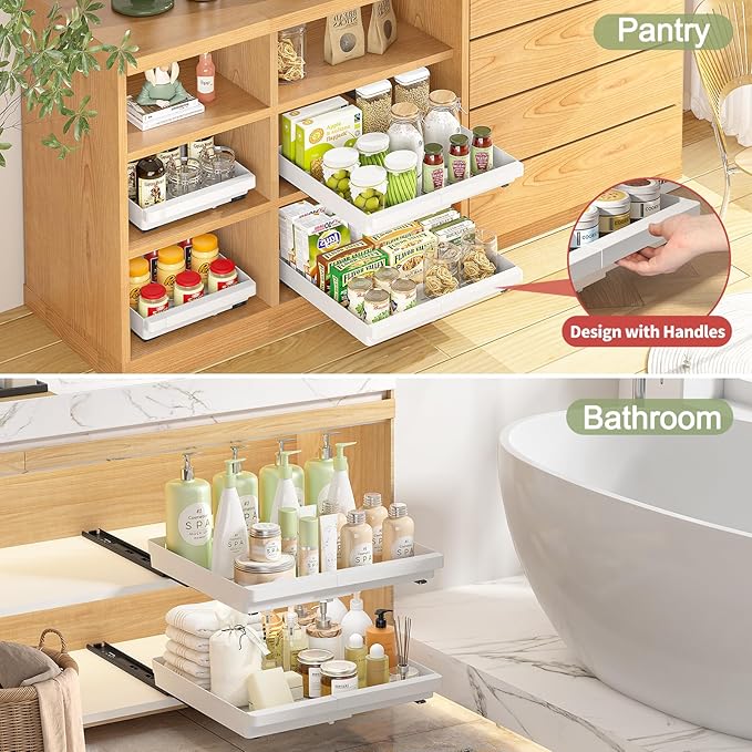 2 Pack Pull Out Cabinet Organizers Expandable, Plastic Slide Out Drawers for Kitchen, Bathroom, Pantry, Under Sink Storage, Pull Out Drawers Fixed with Adhesive Nano Film (White, 11.6''-17.5'')
