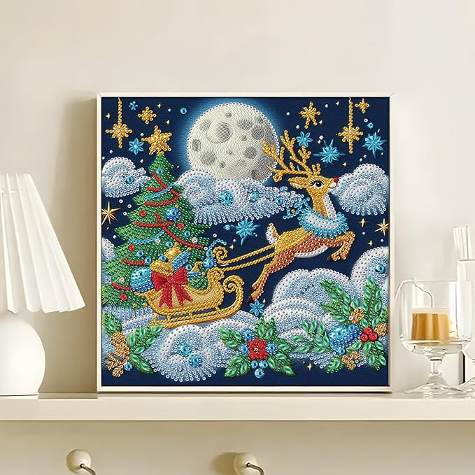 antor Christmas Diamond Painting Kit, 5D Special Shape Diamond Art for Adults, Reindeer Pulling Sleigh at Night DIY Crystal Rhinestones Diamond Painting, Holiday Wall Decor, Winter Home Decoration