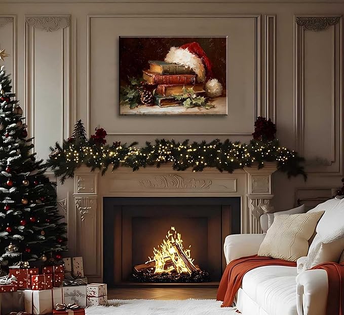 Paint by Number Kit for Adults & Kids, Christmas Vintage Books with Santa Hat 16x20 Inch, DIY Acrylic Painting Kit with Brushes & Paints, Holiday Art Decor for Home Framed
