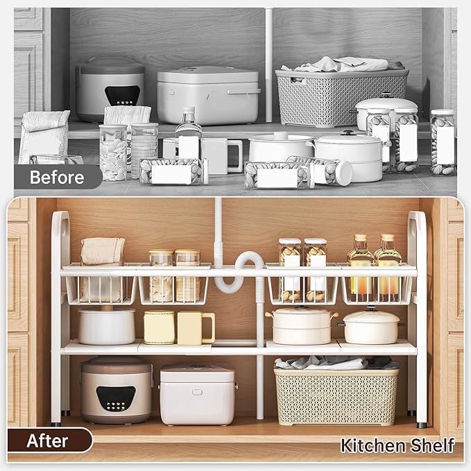 Under Sink Organizer 2 Tier,Height Adjustable Kitchen Cabinet Organizer with 4 Panels and 4 Baskets,Expandable Under Sink Shelf,for Kitchen,Bathroom, Laundry Pantry Cabinet,Apartment,White