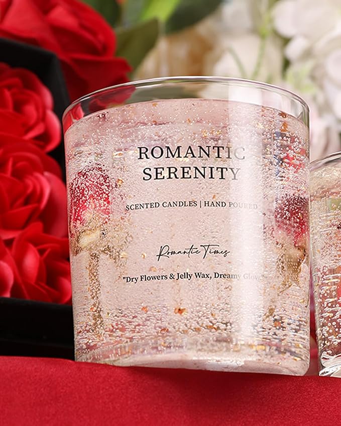 Gel Wax Candle,Sparkling Real Rose & Gold Flakes Candle in Glass Jar,Floral Scented,Smokeless Clean Burn,Glam Home Decor or Wedding,Bridesmaid Gift,Photo Prop,Self Love Healing (Floral)