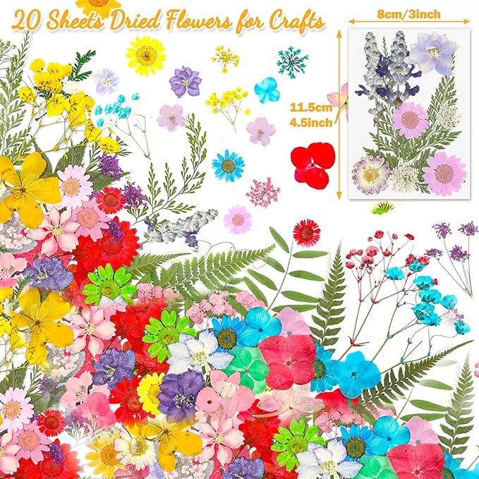 200 Pcs Dried Pressed Flowers for Crafts, 20 Sheets Real Dry Florals and Leaves Bulk with Tweezer for Resin Molds Candle Soap Making Scrapbook Bookmarks Frames Supplies Kit Nail Art Makeup Decor