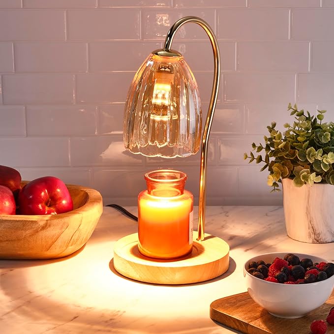 Mikasa 13.2 Inch Amber Glass Shade Electric Candle Warmer - Elegant Lamp Style Warmer with Wood Base, 50W Halogen Bulb, Safe Flameless Fragrance for Home Decor