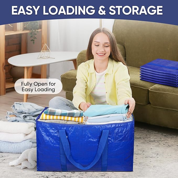 TICONN 12 Pack Extra Large Moving Bags with Zippers & Carrying Handles, Heavy-Duty Storage Tote Moving Boxes for Space Saving (12 PK, 30 Gallon)