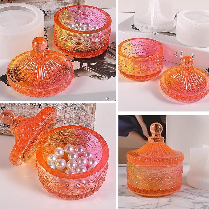 1 Pc Exquisite Silicone Resin Jar Mold Silicone Storage Box Mold with Lids for DIY Epoxy Casting Crafts Cement Concrete Jewelry Storage Boxes Candy Jars Candle Holder Home Decorations Gifts