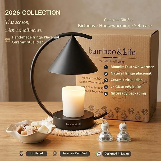 bamboo&life®Moonlit TouchOn Candle Warmer,Eco-Luxury 5-Pc Gift Set incl. Fringe Mat&Wax Dish,Authentic Japan Design,Touch Dimmer,Real Bamboo Base,UL&ETL Certified,US Brand,Birthday&Housewarming Gift