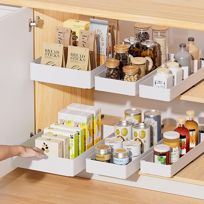 Delamu 3 Pack Pull Out Cabinet Organizer, 15.7"Deep Pull Out Drawers for Cabinets, Slide Out Drawers for Kitchen Cabinets, Bathroom Cabinet Organizer, Pantry (White)