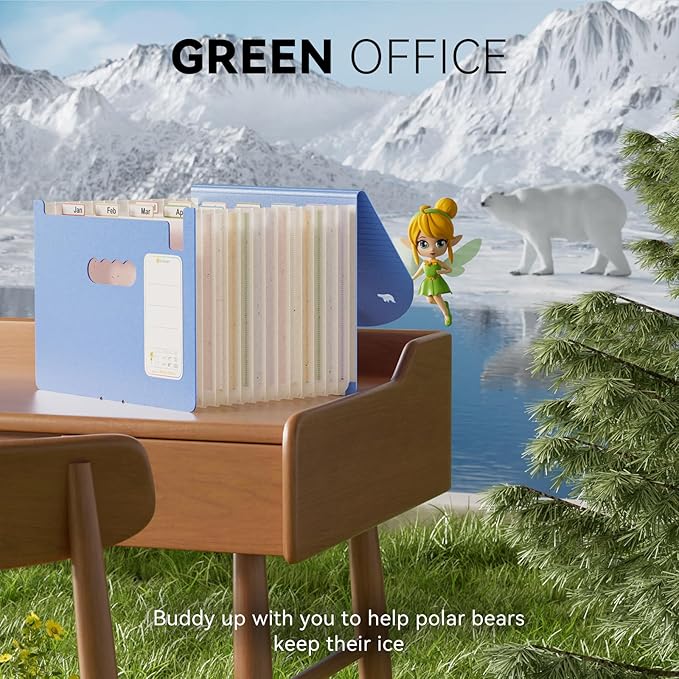EcoStash 12-Pocket Wheat Straw Expanding File Folder, Adorable Polar Bear Cut-Out, Portable Monthly Bill & Tax Receipt Organizer, Letter/A4 Size -UN Blue Polar Bear