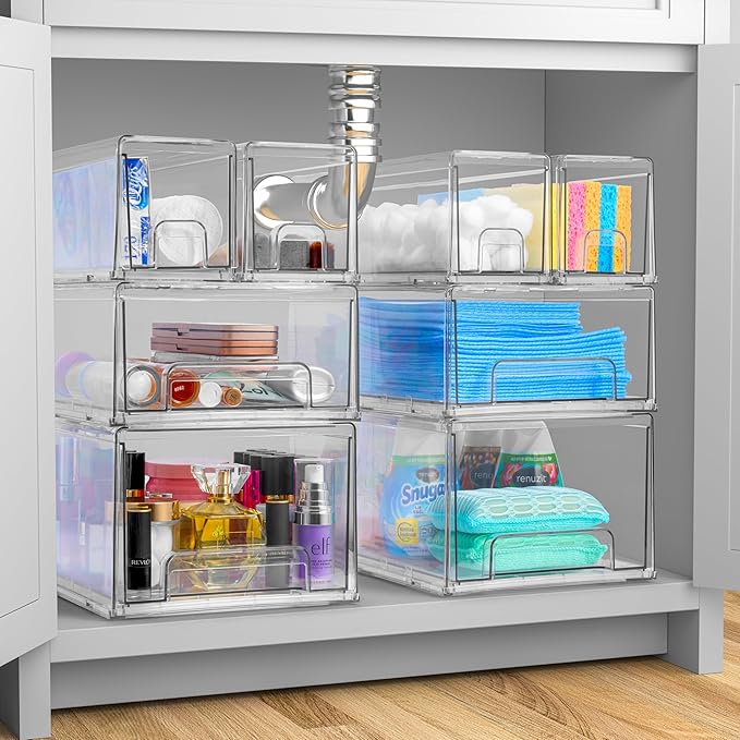 Sorbus Medium Clear Stackable Storage Drawers – 6-Pack Plastic Organizer Bins with Handles – Stackable Pull-Out Storage Drawers for Closet, Pantry, Office, Bathroom, Craft, and Toy Organization