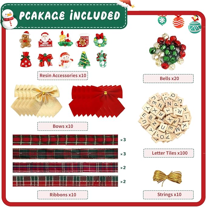 Christmas Ornaments Tree Decorations Personalized Crafts for Adults Kit DIY Ribbon Letter Tiles Bells Rustic Stockings Name Tags Hanging Xmas Decor for Gifts Wreath Holiday(Tartan)