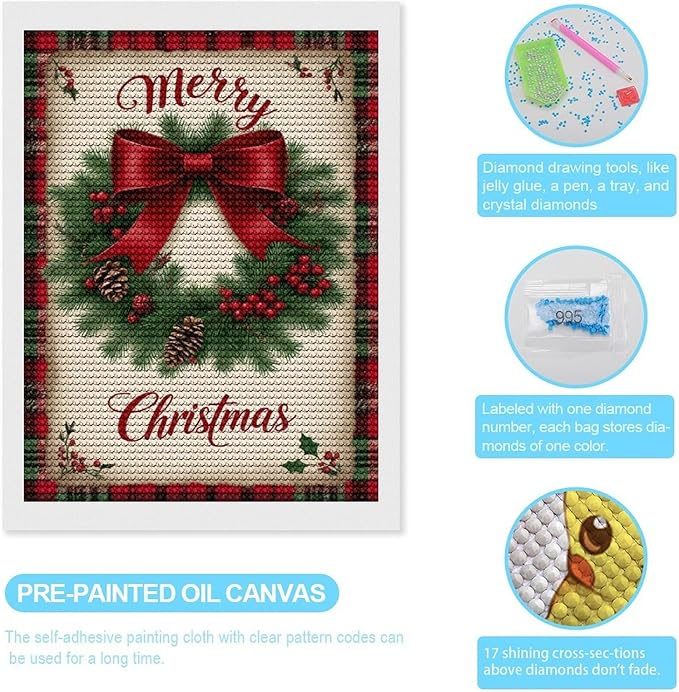 AIVKIEJK Diamond Painting Kits for Adults - Merry Christmas Red Bow & Pine Cones Painting DIY 5D Full Drill Diamond Dots Paintings with Diamonds Gem Art and Crafts Home Decor 12"x16"