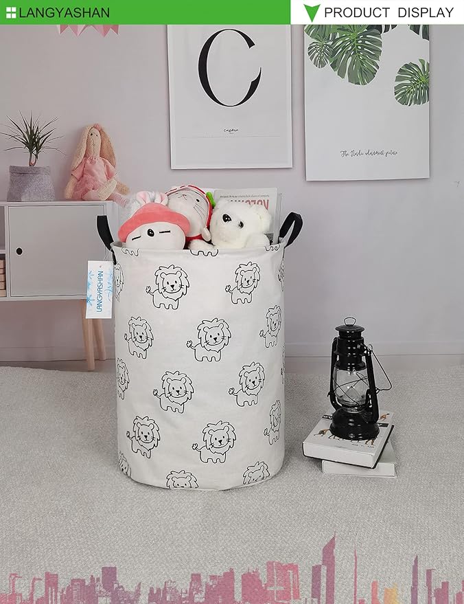 LANGYASHAN Laundry Basket Canvas Fabric Collapsible Organizer Basket for Storage Bin Toy Bins Gift Baskets Bedroom Clothes Children Nursery Hamper (Lion)