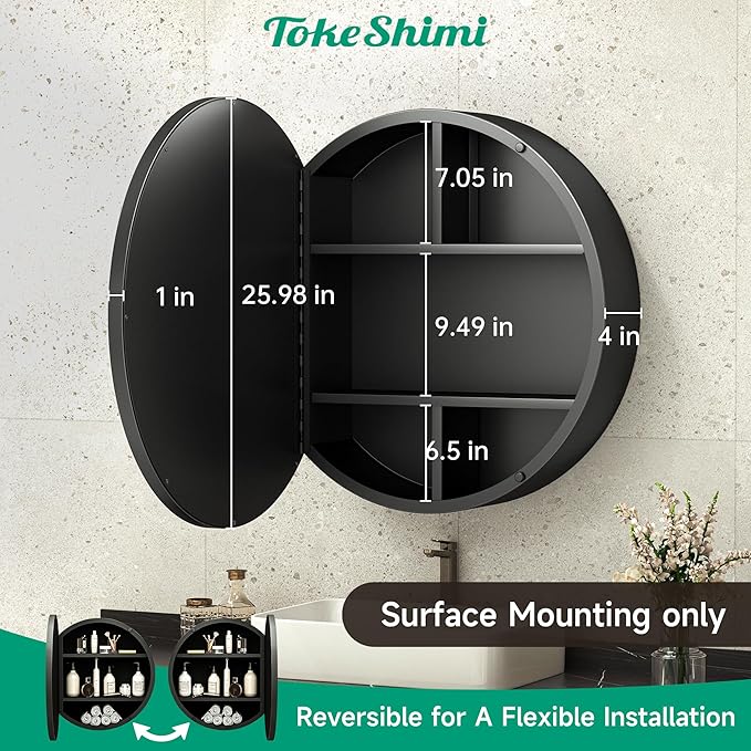 TokeShimi 26x26 Round Medicine Cabinet for Bathroom,Black Circle Bathroom Medicine Cabinet with Mirror,Surface Mount Only Detachable Shelves Circular Vanity Shatterproof Mirror with Storage