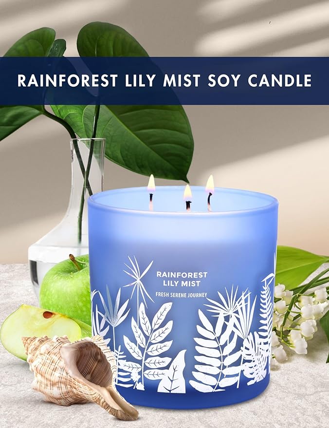 Large 3-Wick Soy Candle 14.5oz | Rainforest Lily Mist Scented Candle | Fresh Floral Aromatherapy Candle | Slow & Clean Burning | Luxury Relaxation Gift for Women and Men