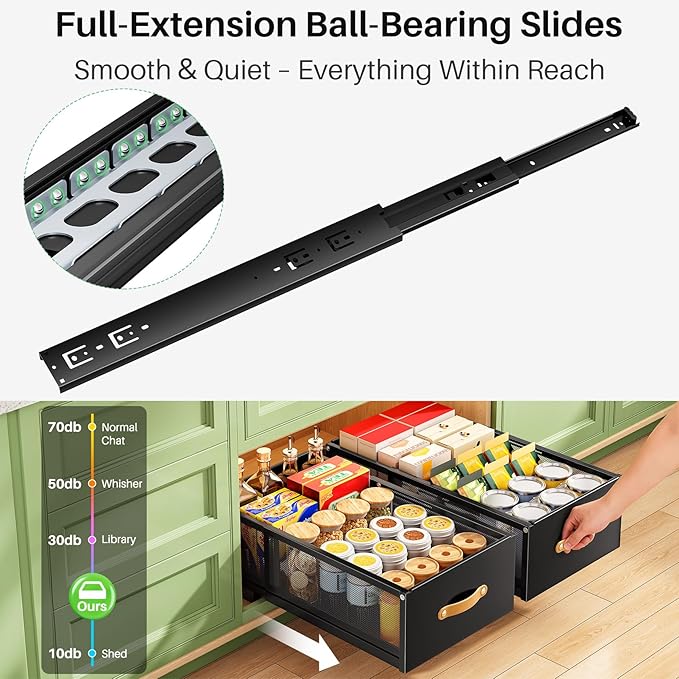 Pull out Cabinet Organizer, Expandable Depth(15.7"-21.7") with Raising Pad for Framed Cabinets, Heavy Duty Slide out Drawers, Adhesive Roll Out Shelves for Kitchen, Pantry Storage(Black, 1-Pack)
