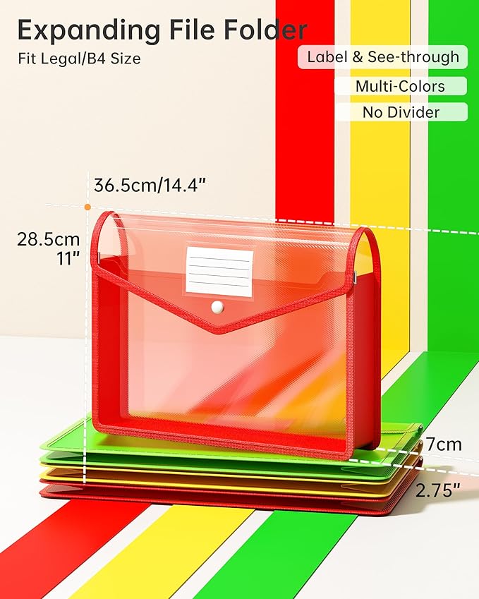 3 Pack Plastic Expanding File Folder, Transparent envelopes with Snap Closure, Fit Legal/B4 Size for School/Office/Home/Hospital, No Dividers, Large Capacity-3 Colors