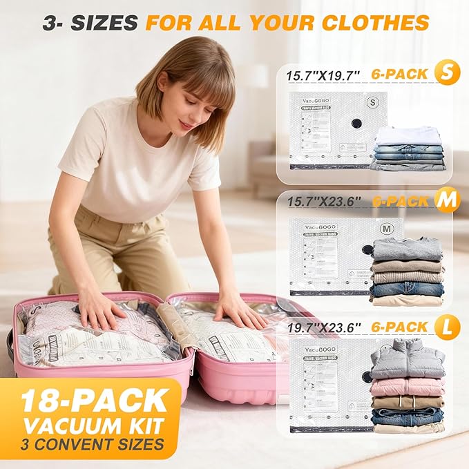 Travel Vacuum Storage Bags with Pump, Carry-on Luggage Compression Bags + Portable Electric Pump, 80% Space Saver for Clothes, Vacuum Seal Bags for Clothing Packing Travel, Pack of 18