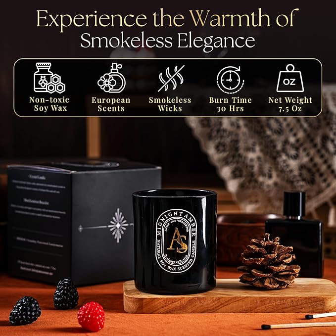 Amber Oud Scented Candle for Men 7.5oz, Coconut Soy Wax with Healing Crystals, Sage Candles for Cleansing House Negative Energy, Meditation Intention Decor, Manifestation Spiritual Gift