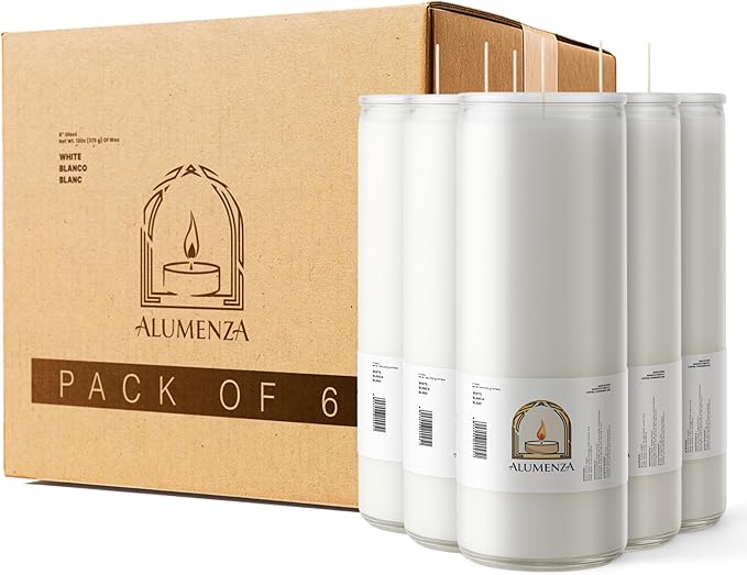 Bulk 6 Pack White 7 Day Candles in Glass Jar – Paraffin Wax, Clean Burning Unscented | Large & Tall Devotional Prayer Pillar Candle for Home, Memoria, Spells, Long Lasting