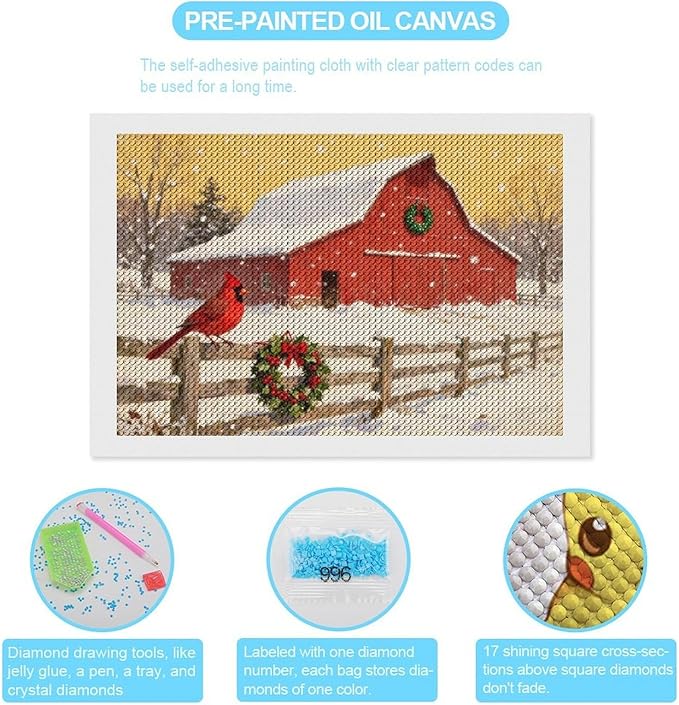 AIVKIEJK Diamond Painting Kits for Adults - Christmas Winter Cardinal, Red Barn Scene Painting DIY 5D Full Drill Diamond Dots Paintings with Diamonds Gem Art and Crafts Home Decor 8"x12"