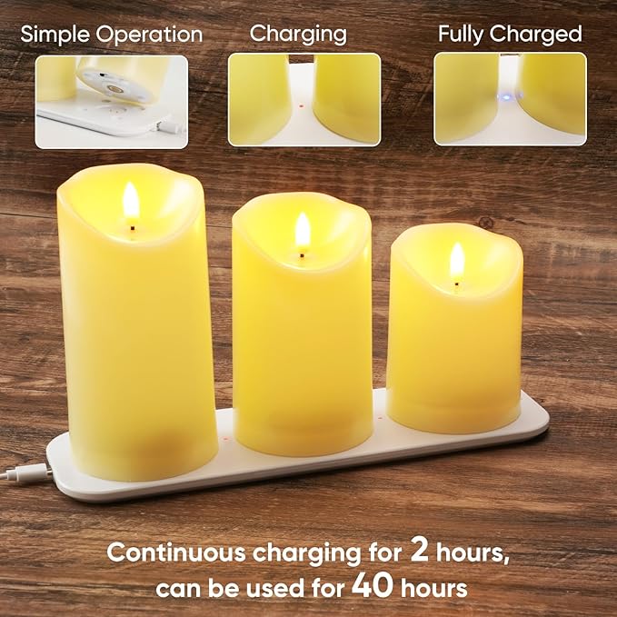 5plots Rechargeable Flameless Candles, Battery Operated LED Candles, Electric Candles with Remote and Timers, Wax-Like Plastic, Ivory, 3Pack, 3" x 4"5" 6", for Home Decor