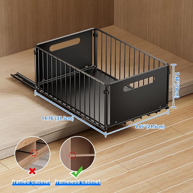 2 Pack Pull Out Cabinet Organizer, Slide Out Drawers for Cabinets, Peel and Stick, Heavy Duty Shelves for Kitchen, Cupboard, Pantry, Bathroom (14.76" D*9.65" W*7.87" H-Black)