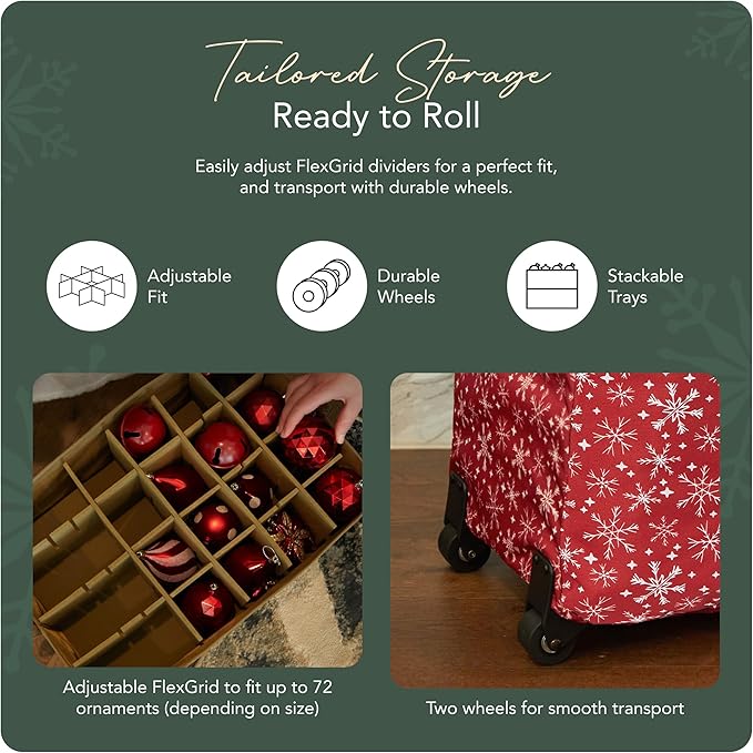 Covermates Keepsakes Rolling Adjustable Ornament Storage Bag – Heavy-Duty Polyester, FlexGrid Trays & Padded Dividers – Protective Holiday Organizer with Wheels, Handles & ID Window, Red Snowflake