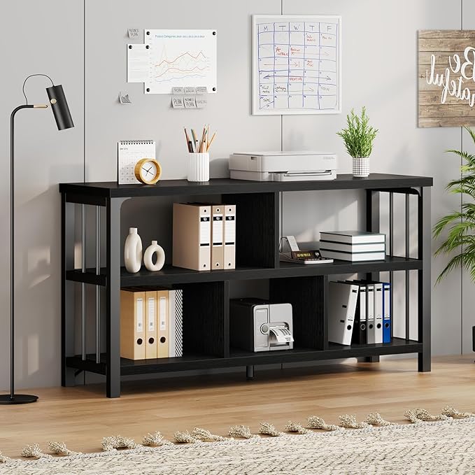IBF Horizontal Cube Book shelf, Industrial Modern Open Bookshelf, Low Wide Home 5 Cube Storage Organizer Long Shelf for Bedroom, Short Wood and Metal Cubby Book Shelf for Living Room, Black Oak, 47 In