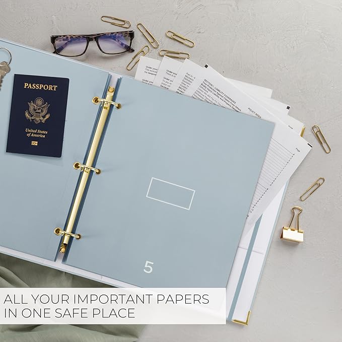 Sturdy Document Organizer Set with Folders - Beautiful Linen 3-Ring Binder Safely Stores All Important Documents & Files in One Place - Easy to Use Expanding Storage Incl. Envelopes, Pockets & Labels