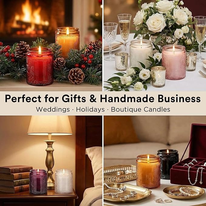 LumaCraft Luxury Embossed Glass Candle Jars for Making Candles - 12 Pack Empty Candle Containers with Airtight Metal Lids, 20 Wicks & 20 Stickers, Colored Glass Jars for Gifts & Decor-8OZ/Red