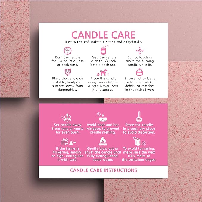 100 pack - Premium Handmade Candle Care Instruction Cards Pink 2x3.5 in, Small Business | Soy Bees Wax Melt, Candle Makers, Making Supplies Kit Set, Containers, Jars, Pot, Package