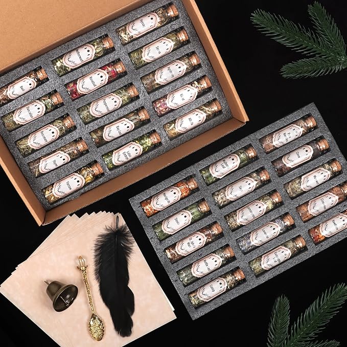 30 Pack Witchcraft Supplies Herbs, Dried Herbs and Flowers Bottles Kit for Witch Beginner, Wiccan, Wicca Altar Supplies, Magic Spell, Candle and Soap Making, with Witchy Spoon, Bell and More