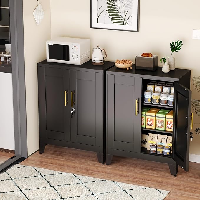 Black Metal Storage Cabinet, 36" Tall Locking Storage Cabinet with 2 Adjustable Shelves, Steel Locker Organizer, for Office, Home, School, 2PS
